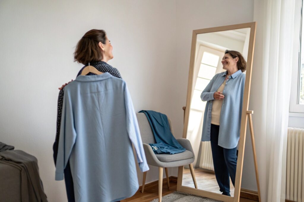 Woman trying on two blue shirt options in front of mirror at home
