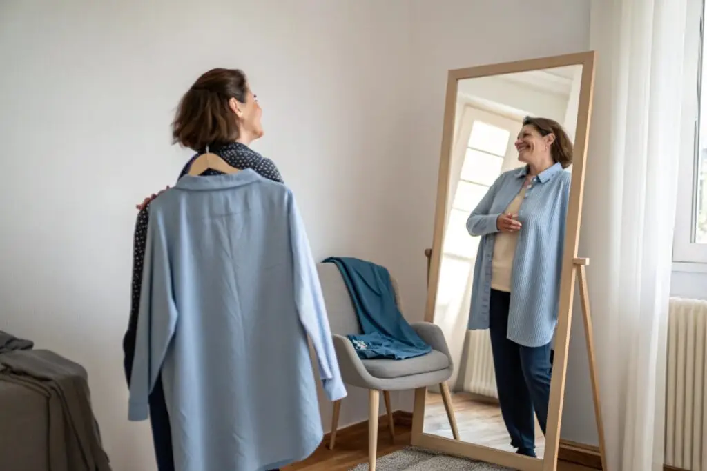 Woman trying on two blue shirt options in front of mirror at home
