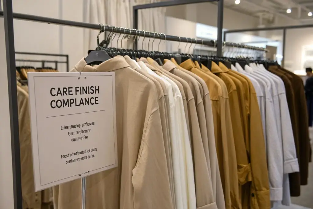 retail rack with neutral-toned garments and compliance tag