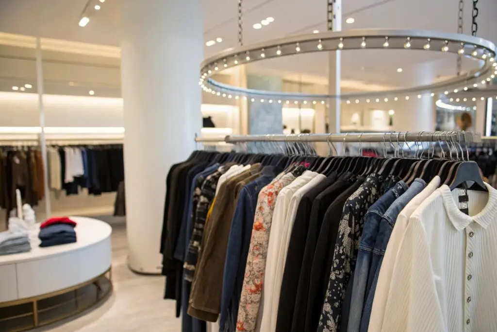 Boutique clothing rack with assorted stylish garments