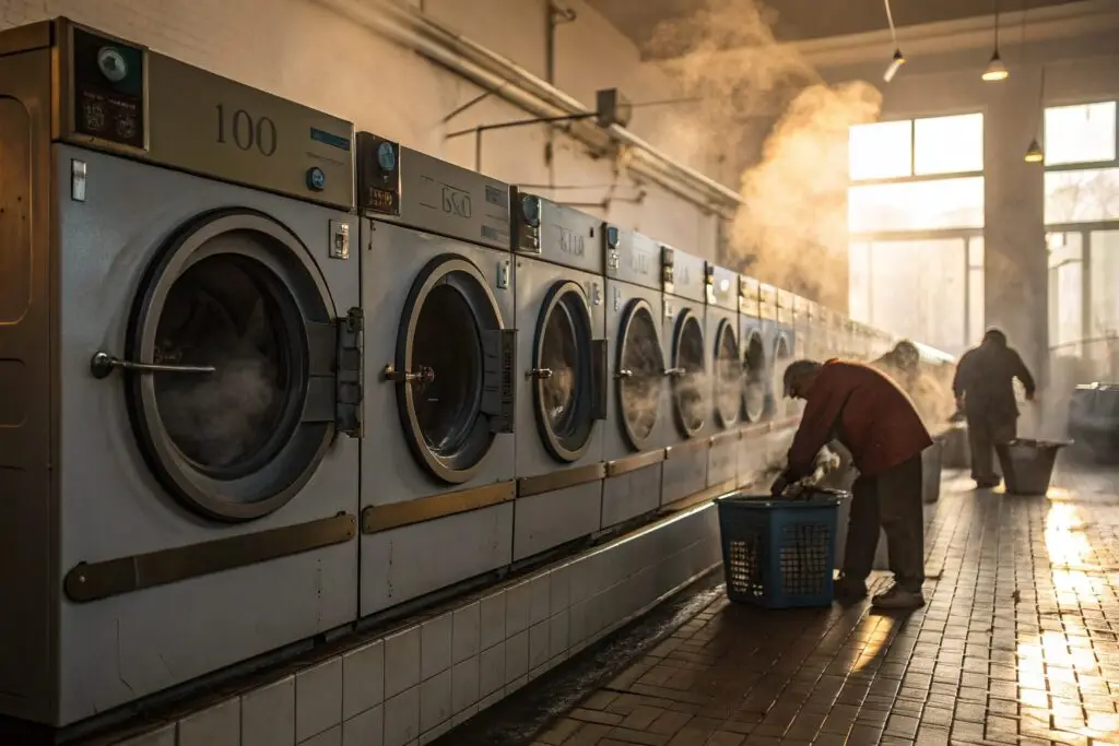 workers loading clothes into industrial laundry machines
