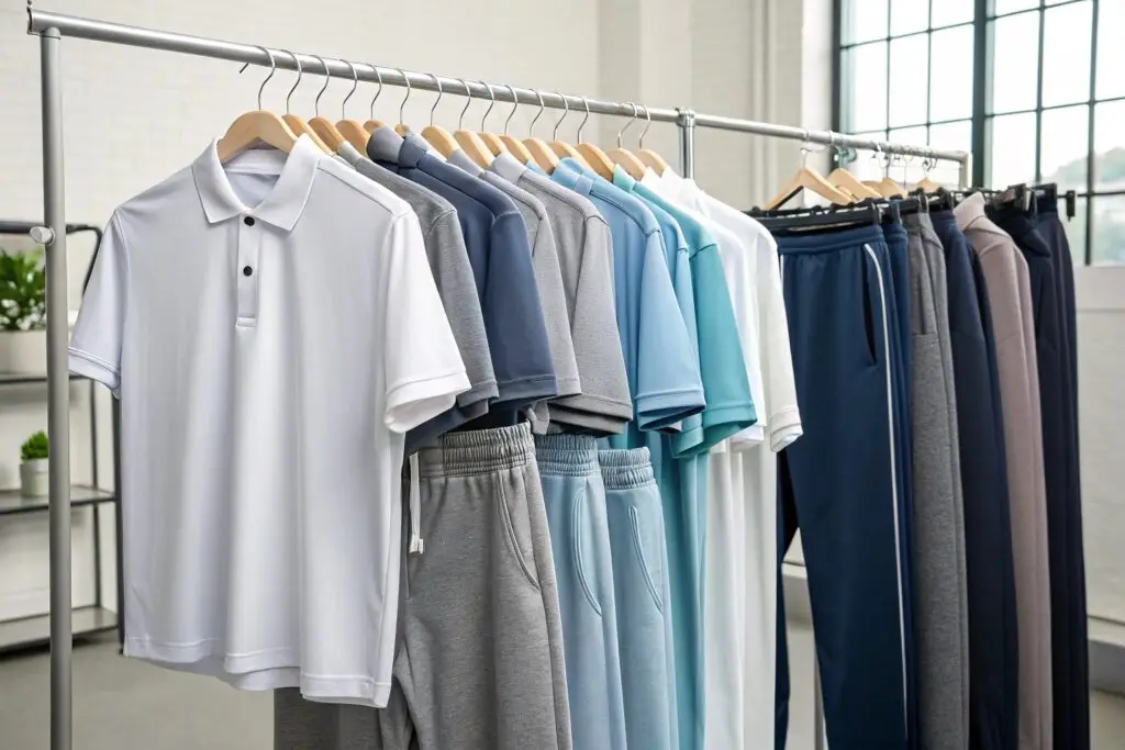 rack of polyester blend polo shirts and sweatpants