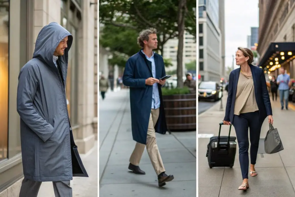 Professionals wearing stylish outerwear during city commute