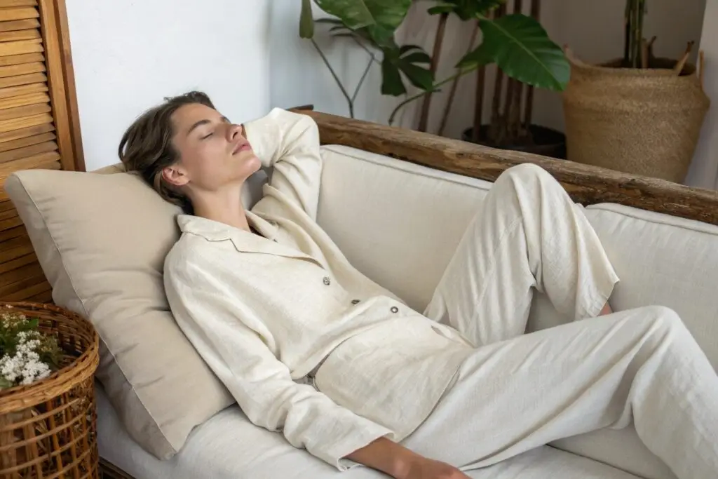 woman relaxing in breathable bamboo viscose loungewear
