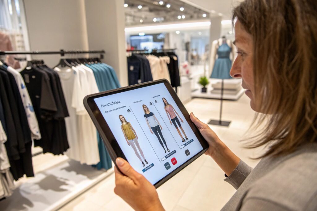 Shopper using tablet to preview outfits on virtual model in store