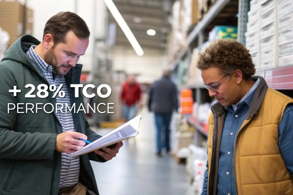 Two sourcing managers reviewing supply chain results