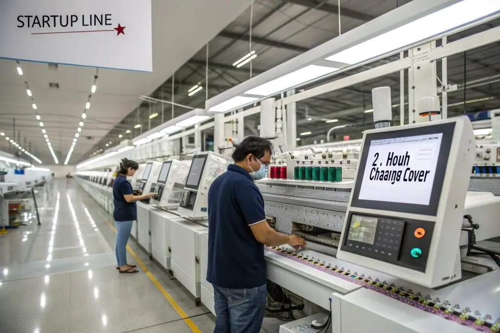 Technicians operating embroidery machines in startup line