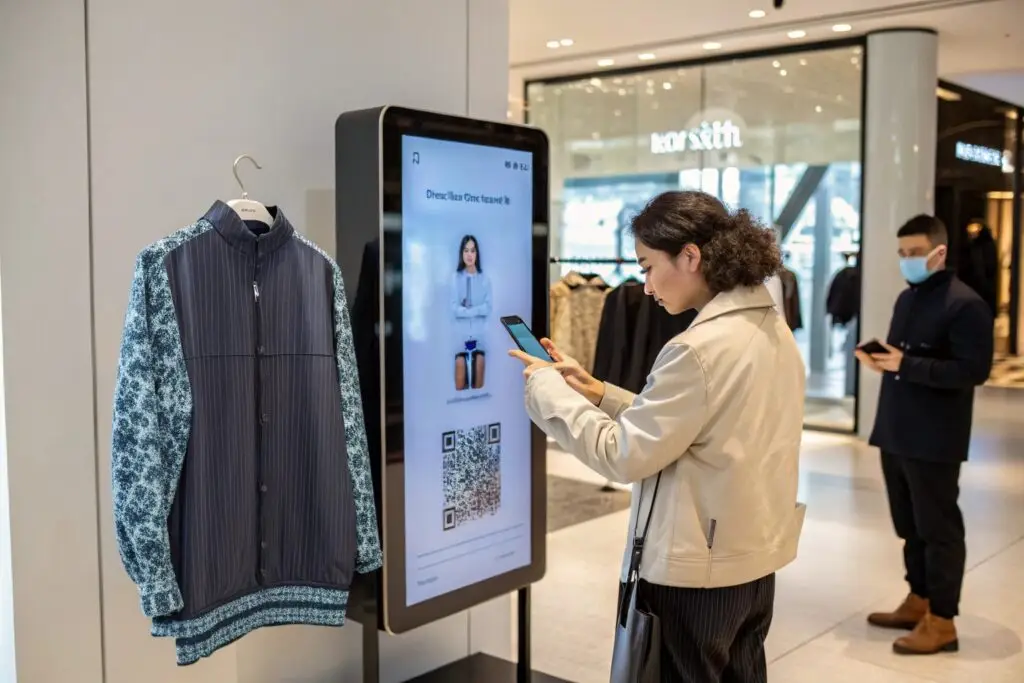 Shopper scanning smart clothing display with mobile