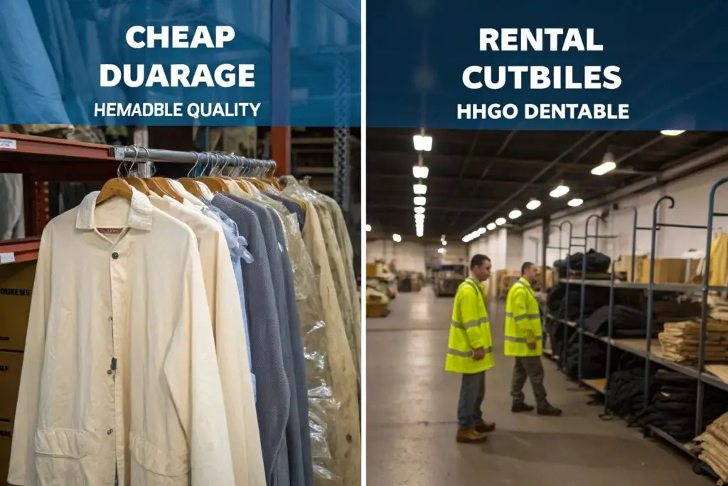 Factory workers inspecting stacked uniforms in warehouse