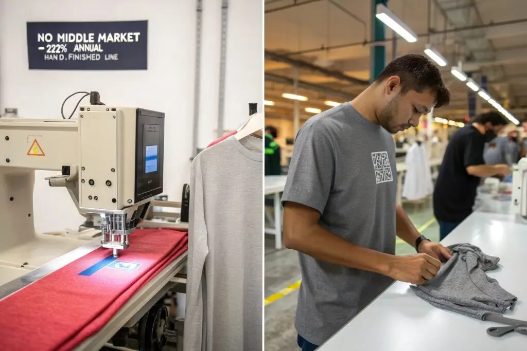 Automated branding and worker finishing custom garments