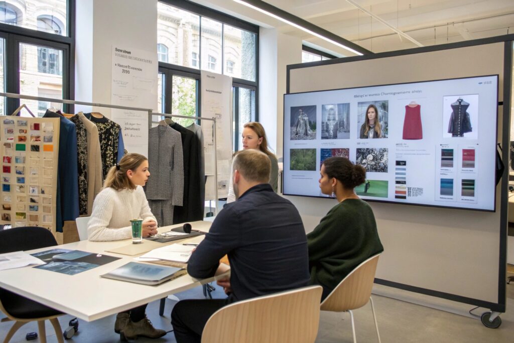 Team planning fashion strategy with moodboards and screens