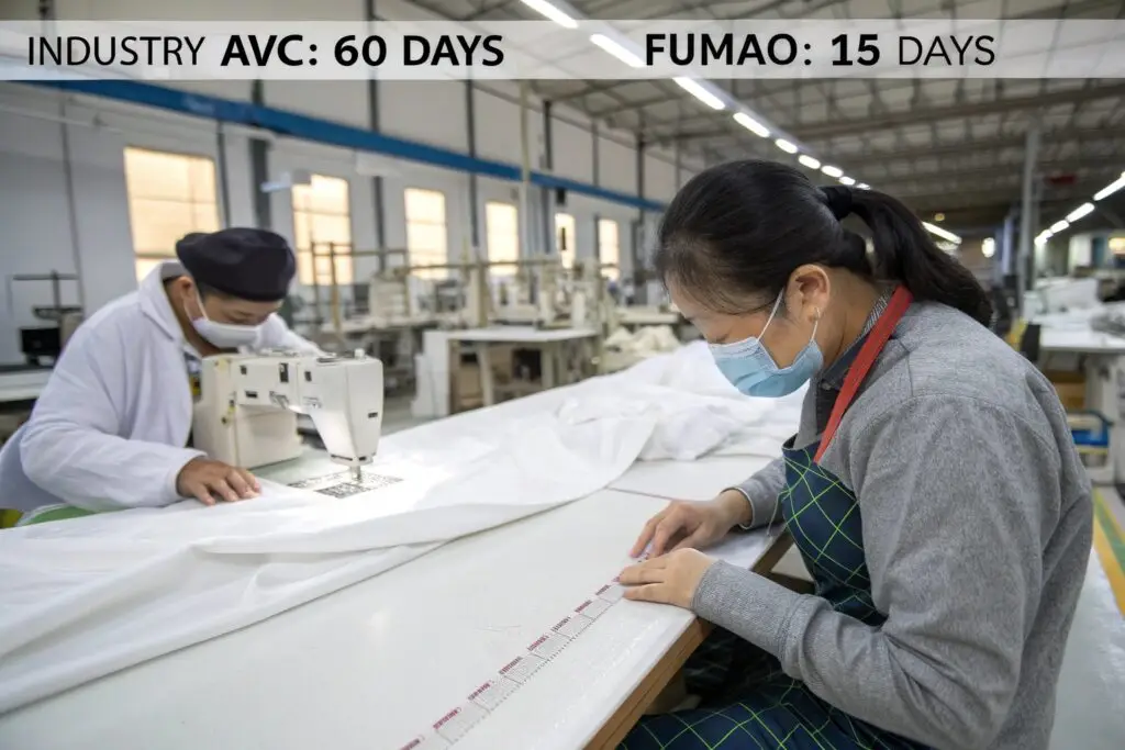 Workers producing garments in factory with faster turnaround