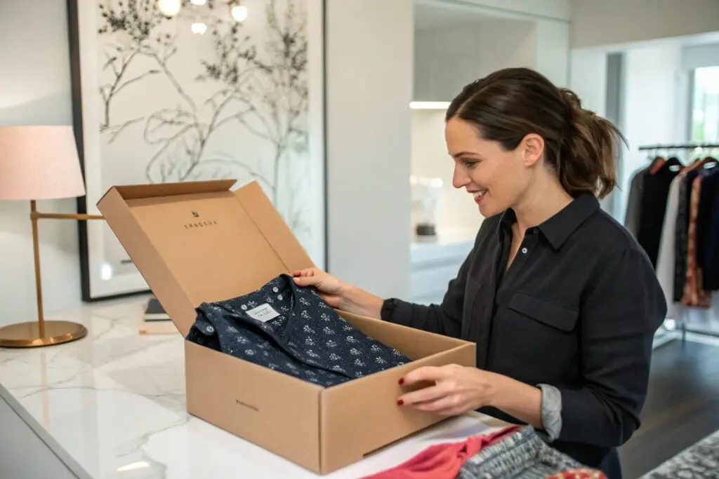 Smiling woman opening curated fashion box at home