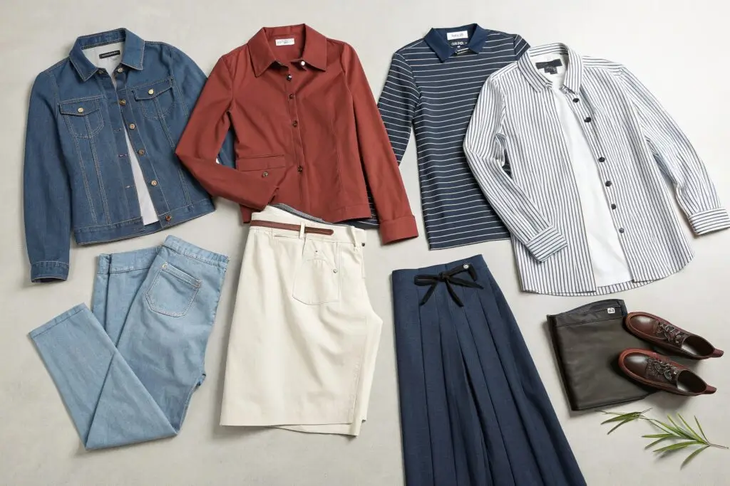 Flat lay of women's apparel including shirts, skirts, pants and shoes