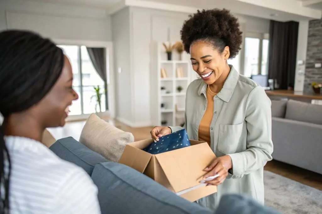 Happy woman receiving rental fashion package at home