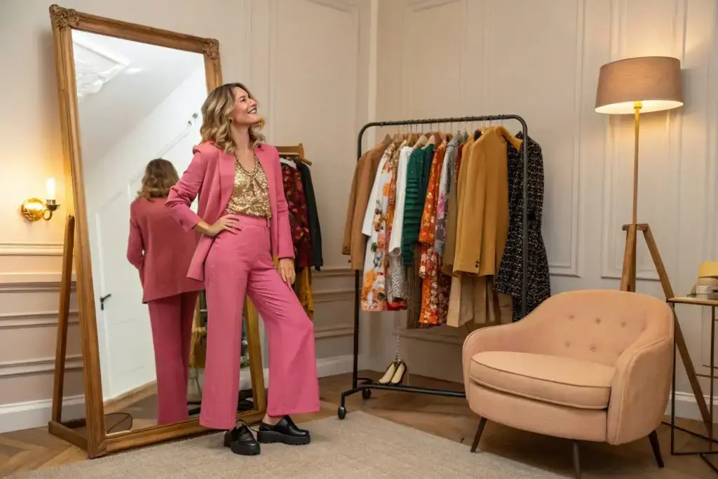Woman in pink suit mixing styles beside clothes rack