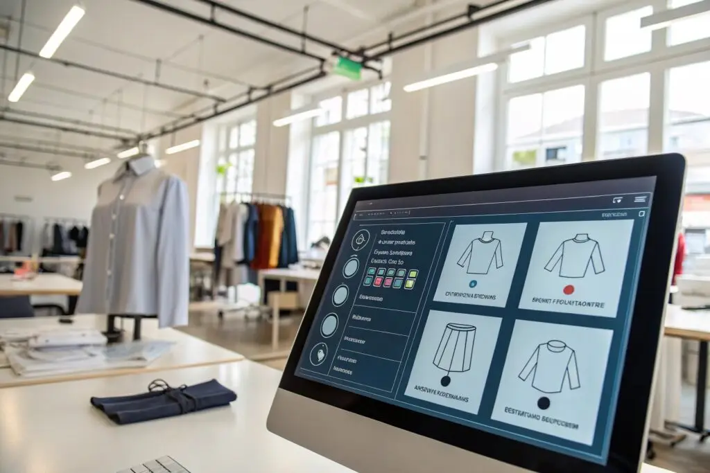 Design studio with garment preview interface on monitor and shirt model