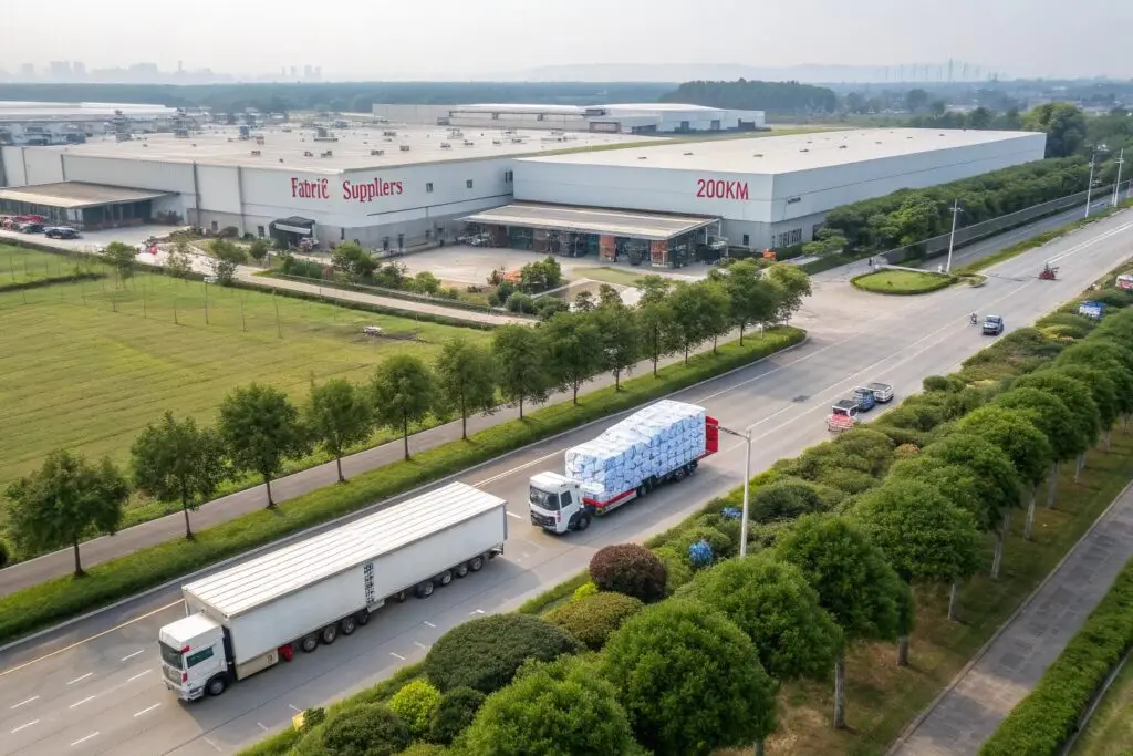 Textile supply trucks departing from fabric supplier hub