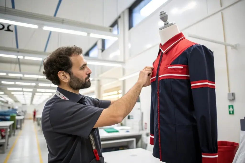 technician inspecting rental uniform on mannequin