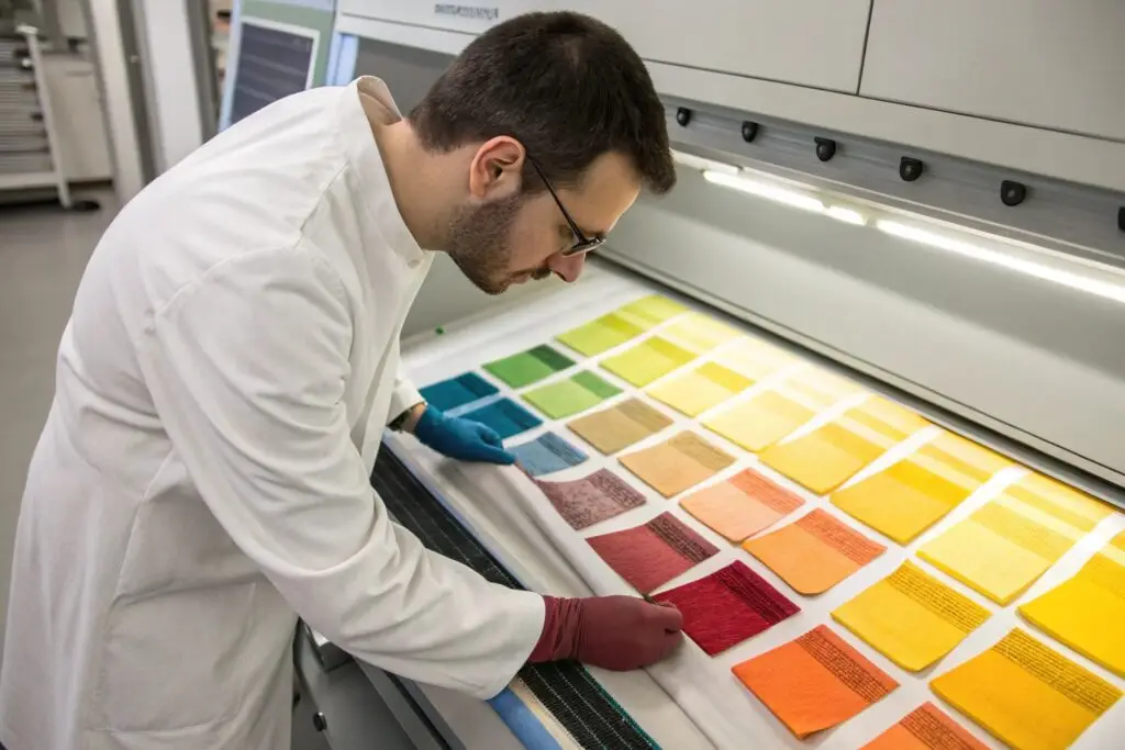 textile engineer analyzing dyed fabric swatches under light