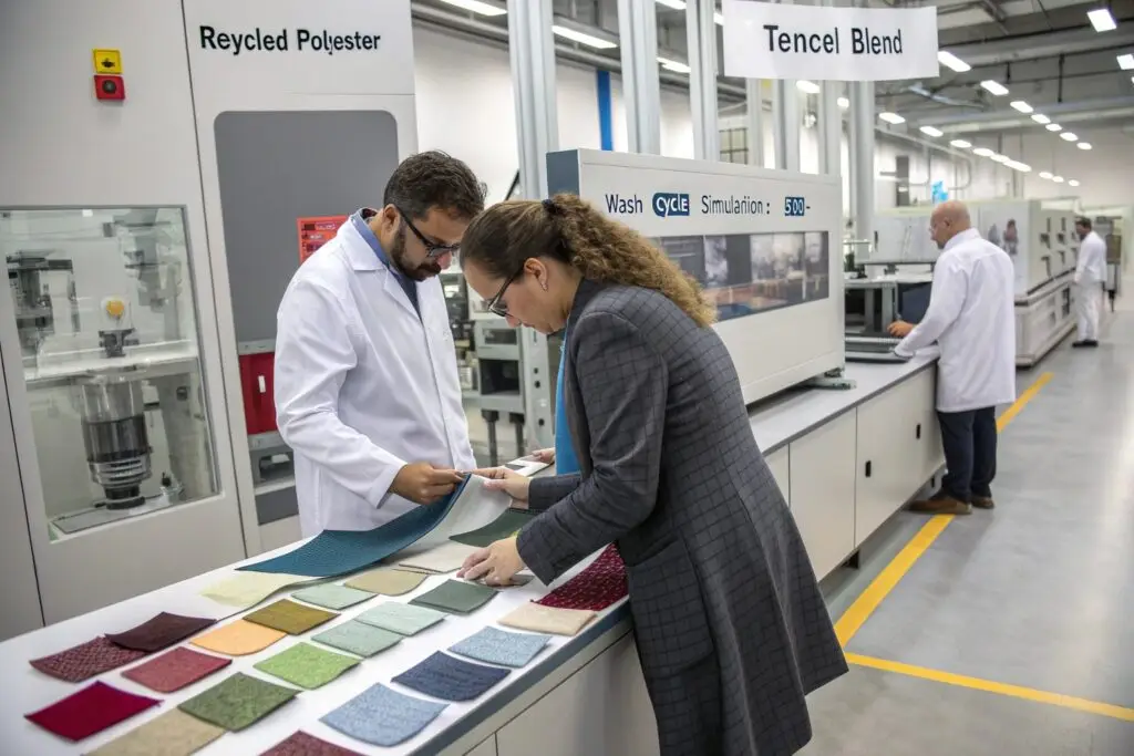 Technicians testing recycled polyester and tencel fabrics