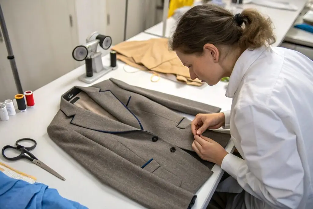 technician inspecting tailored wool blazer details