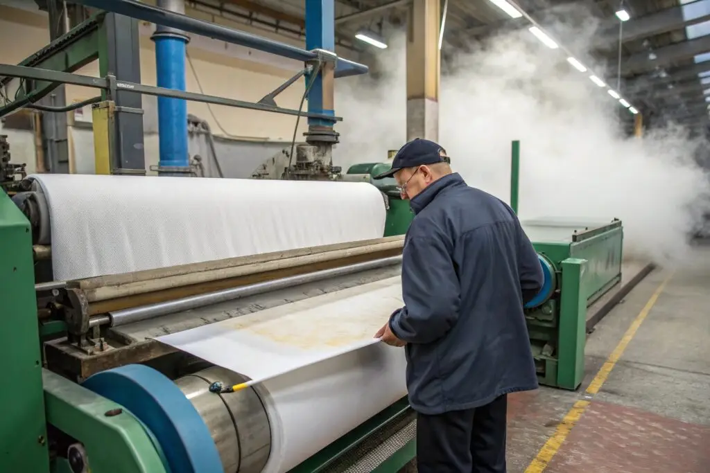 technician inspecting cotton fabric on production machine