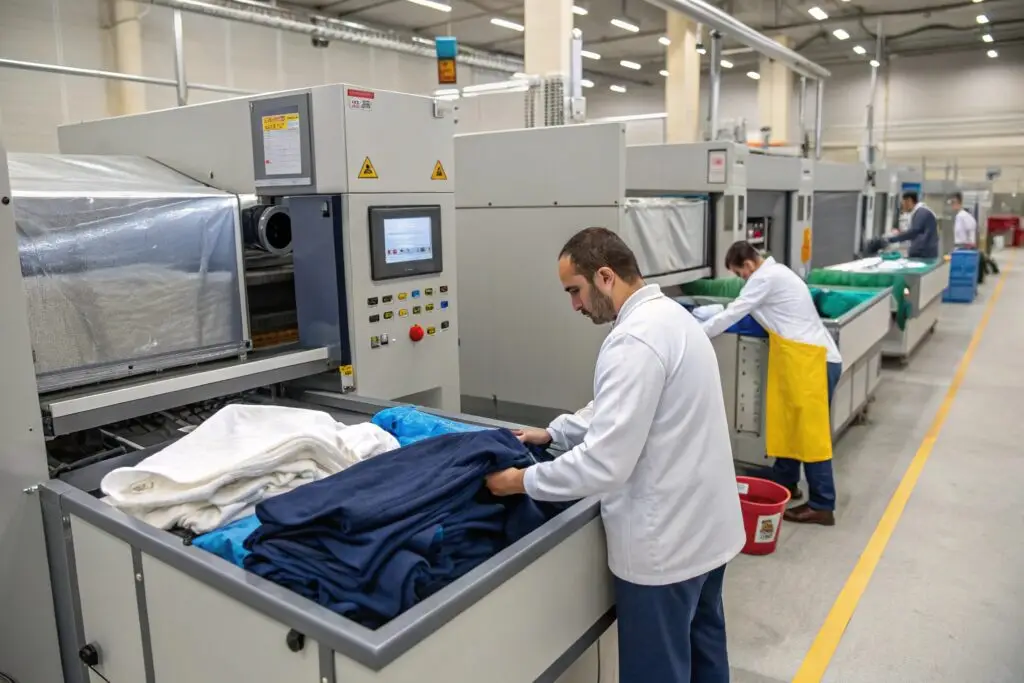 technicians performing ISO 15797 laundry test on garments