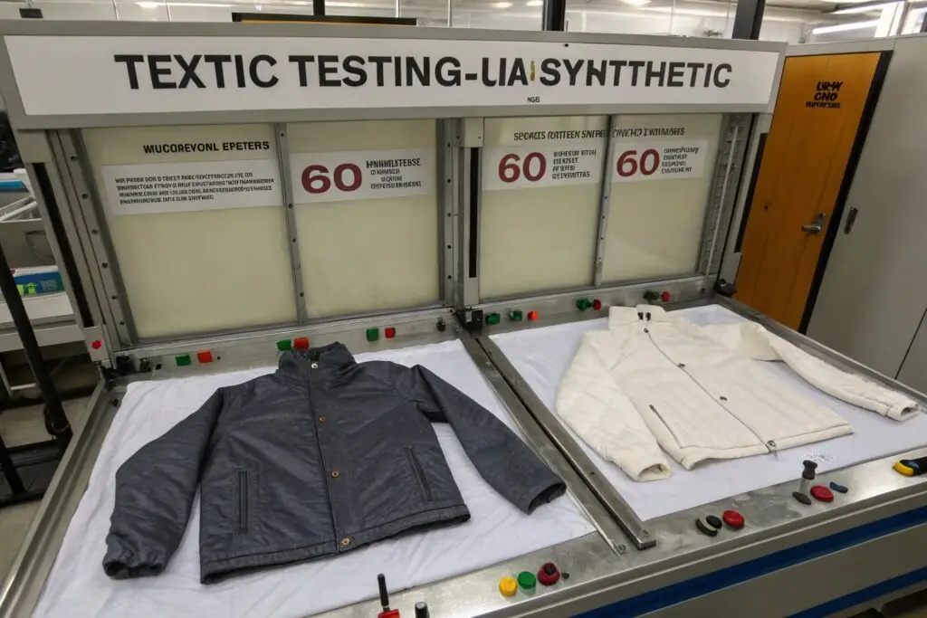 two jackets undergoing synthetic fabric test in lab