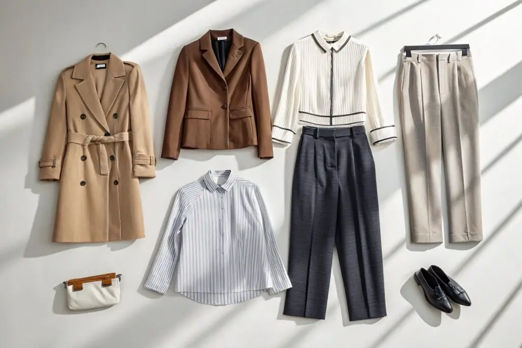 Flat lay of elegant business casual outfits for women