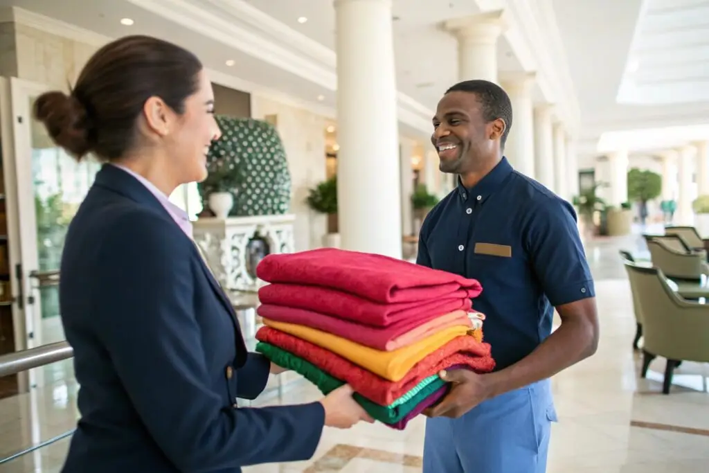 smiling staff exchanging colorful folded uniforms in lobby