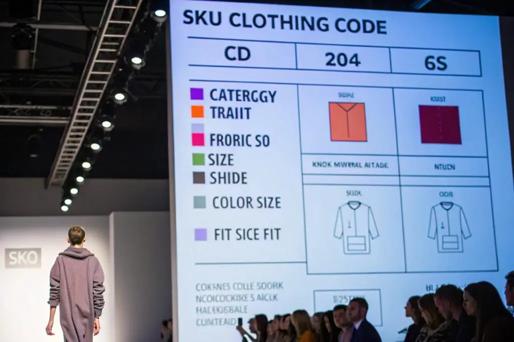 Fashion runway with model and clothing SKU code diagram on screen