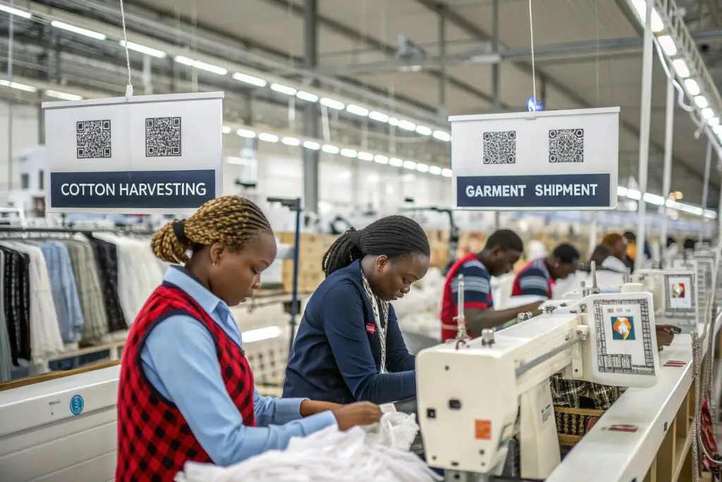 Garment workers under blockchain-tracked production signs