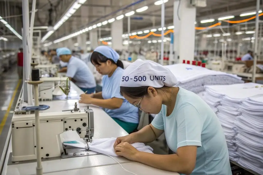 Clothing factory workers sewing garments at production line