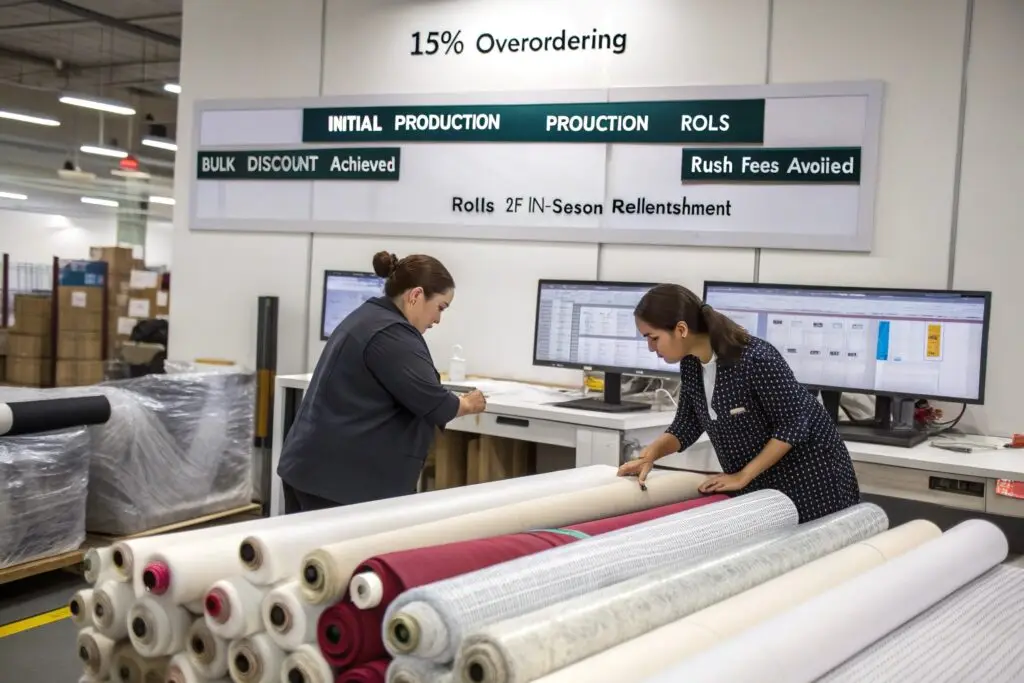 Buyers evaluating fabric rolls in sourcing office