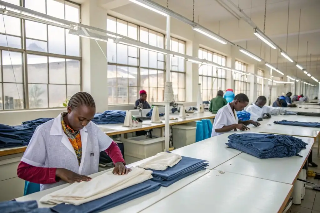 Workers folding garments in bright ethical apparel factory