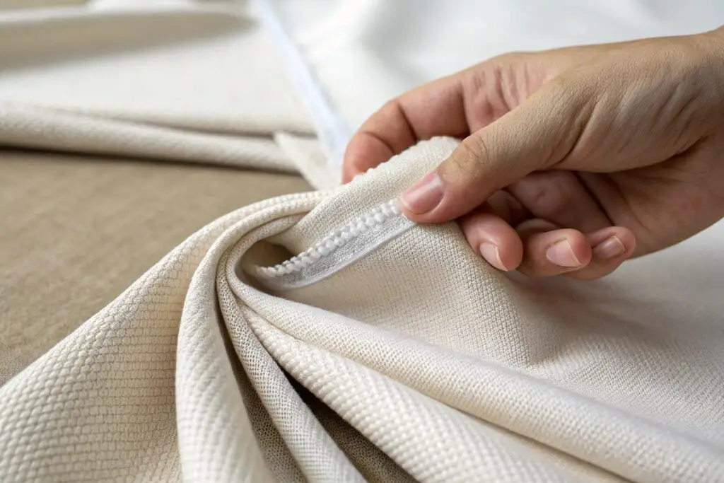 Close-up of hand inspecting soft cream fabric with seam detail