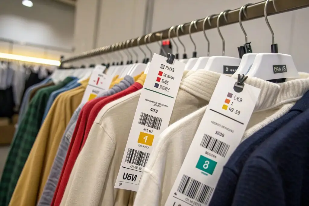 Clothing rack with assorted color garments and labels, wholesale display