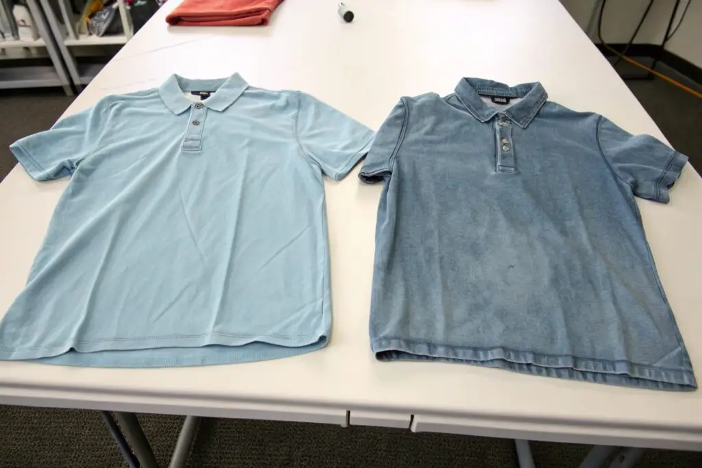 two polo shirts side by side showing color fading