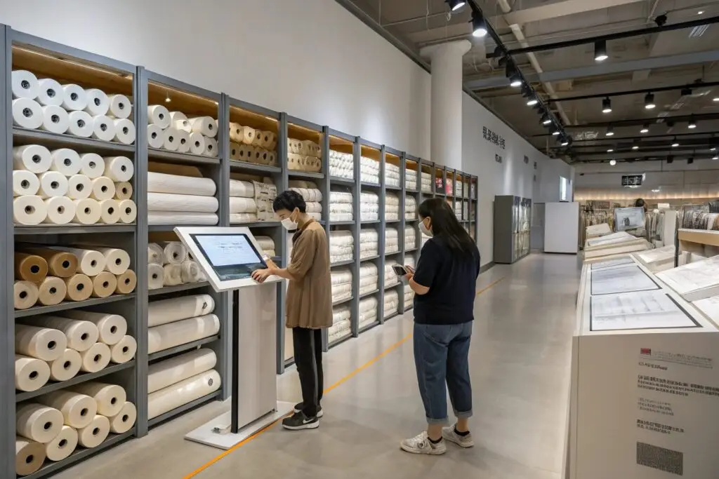 Visitors browsing fabric rolls in modern textile library