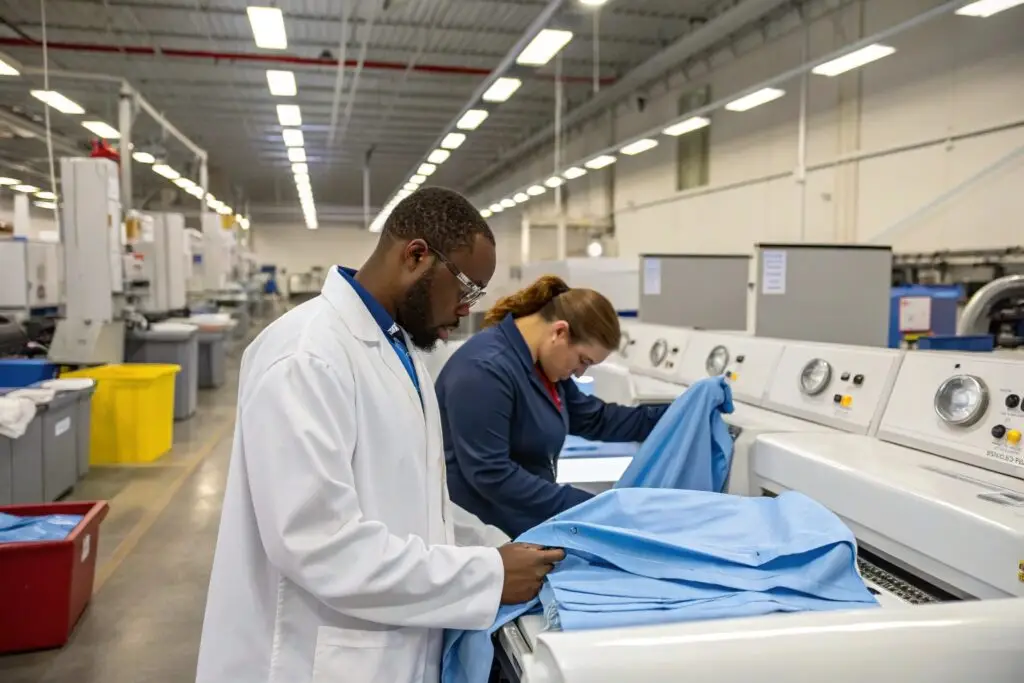 Technicians inspecting textiles in fabric testing lab