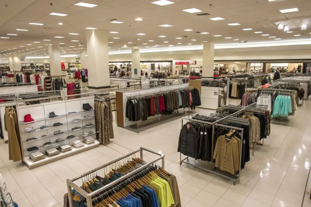 Spacious department store with organized seasonal apparel sections