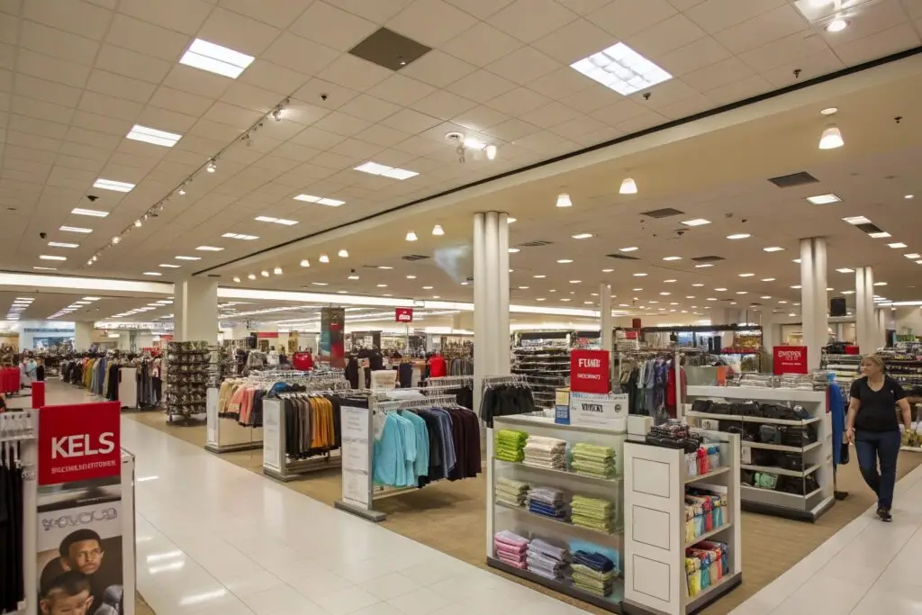Spacious department store interior with organized fashion displays