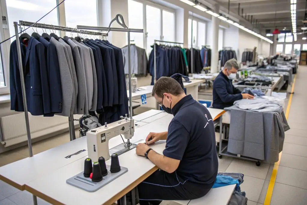 Tailors sewing suits in modern garment production studio