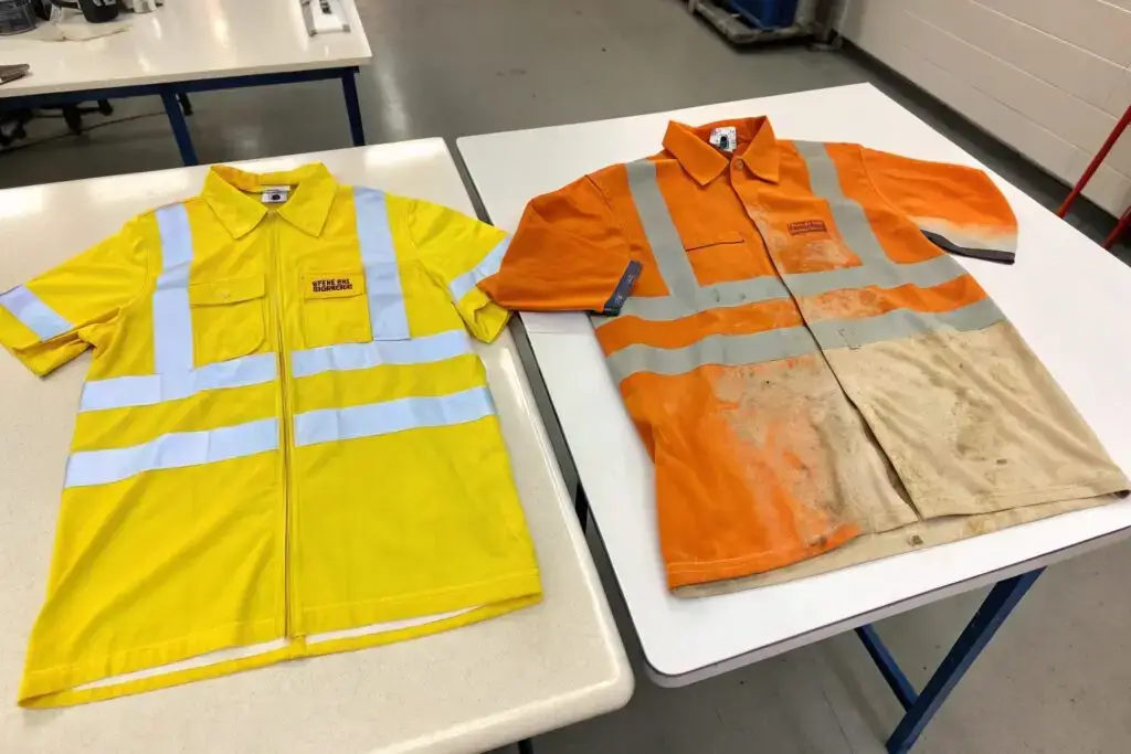 comparison of clean and heavily soiled safety uniforms