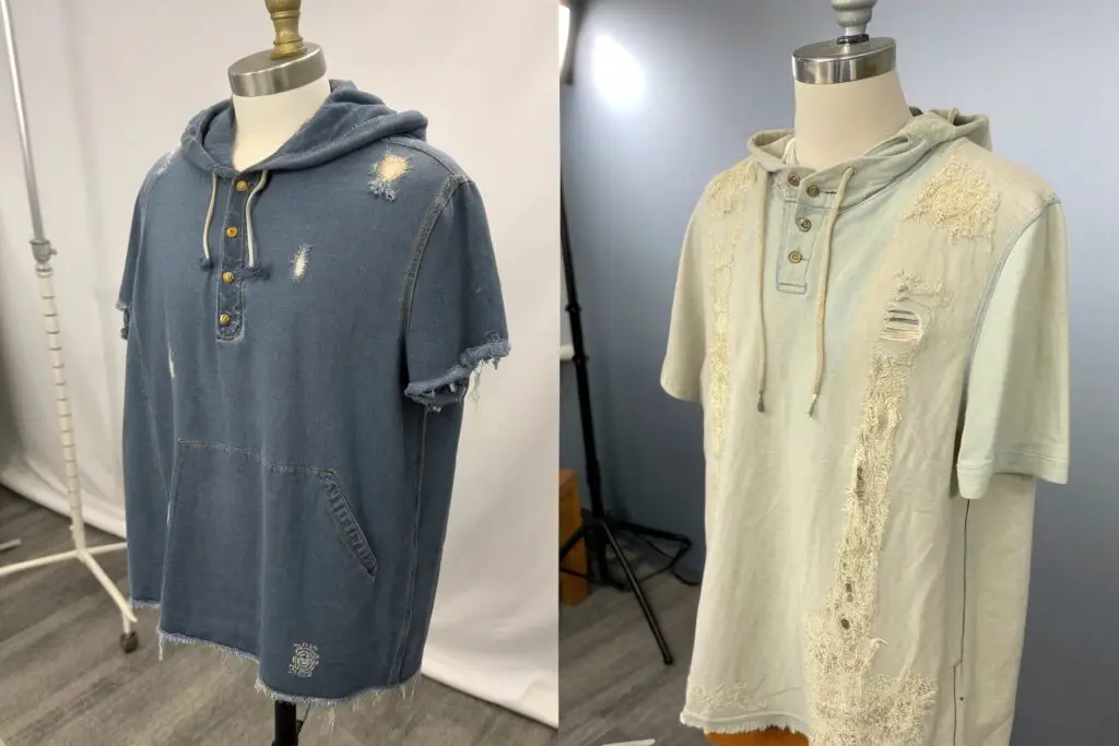 Custom washed short-sleeve hoodie with raw edges