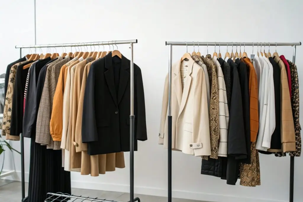 two racks showcasing core neutral and trend fashion pieces
