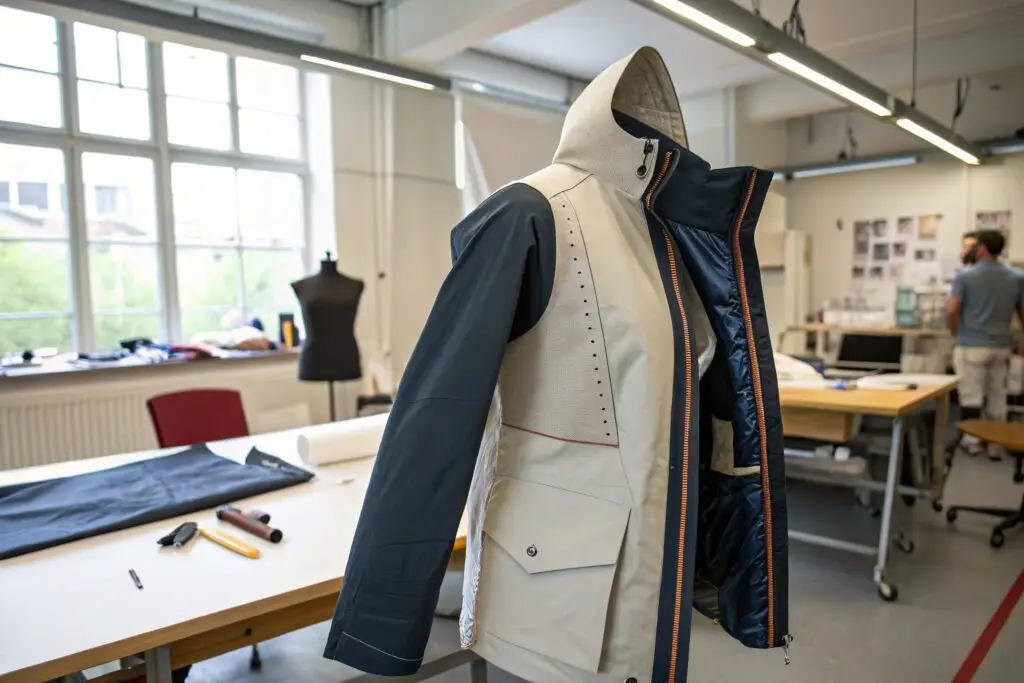 Custom prototype jacket displayed inside-out in studio