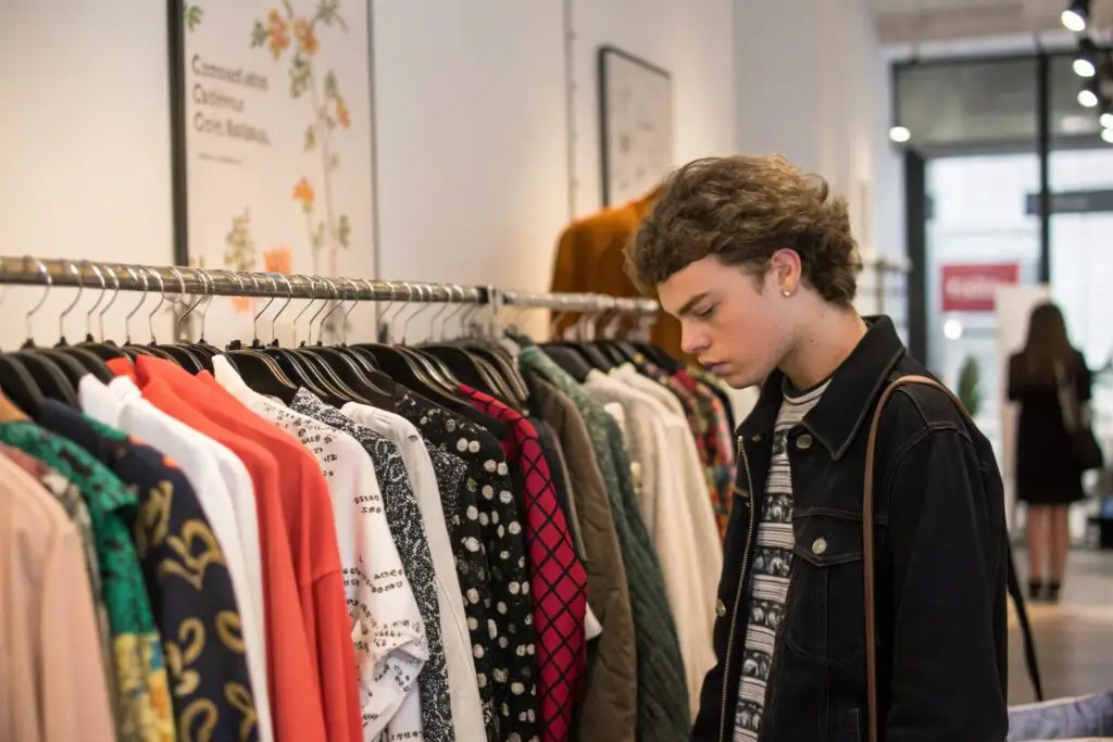 Teen shopper browsing curated fashion rack in boutique
