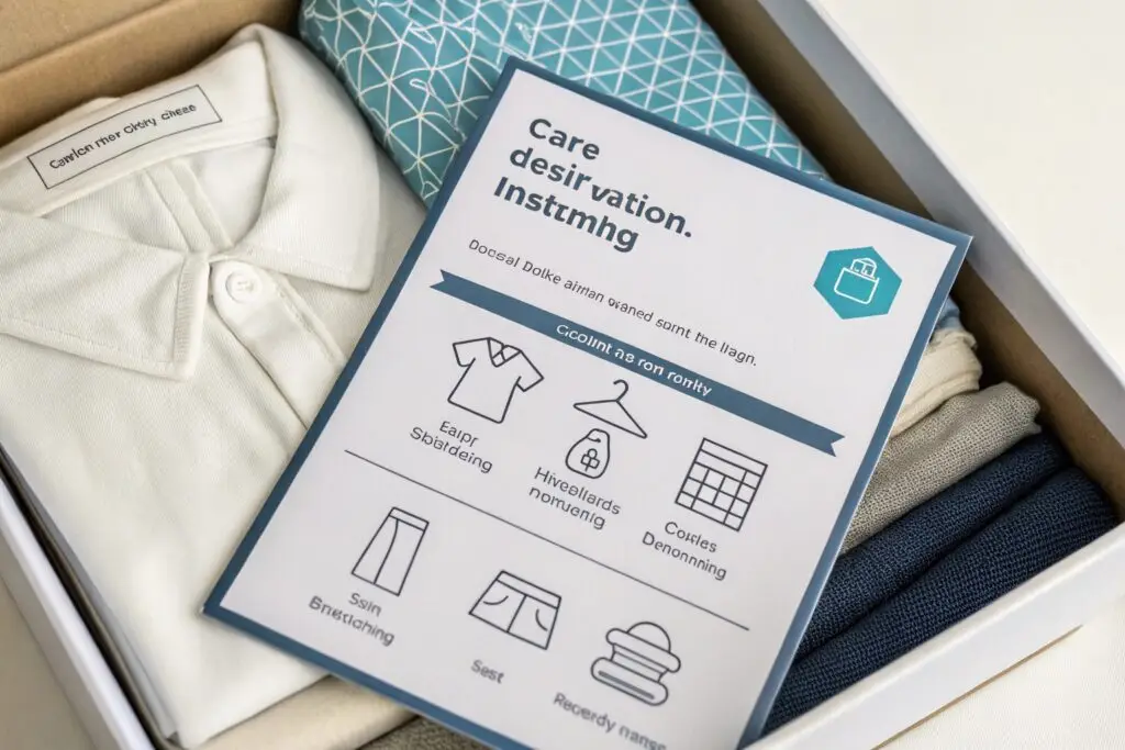 Flat lay of folded shirt with garment care guide